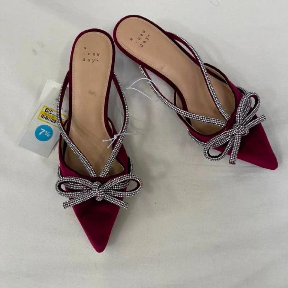 A New Day burgundy velvet kitten heels with silver rhinestone bow detail